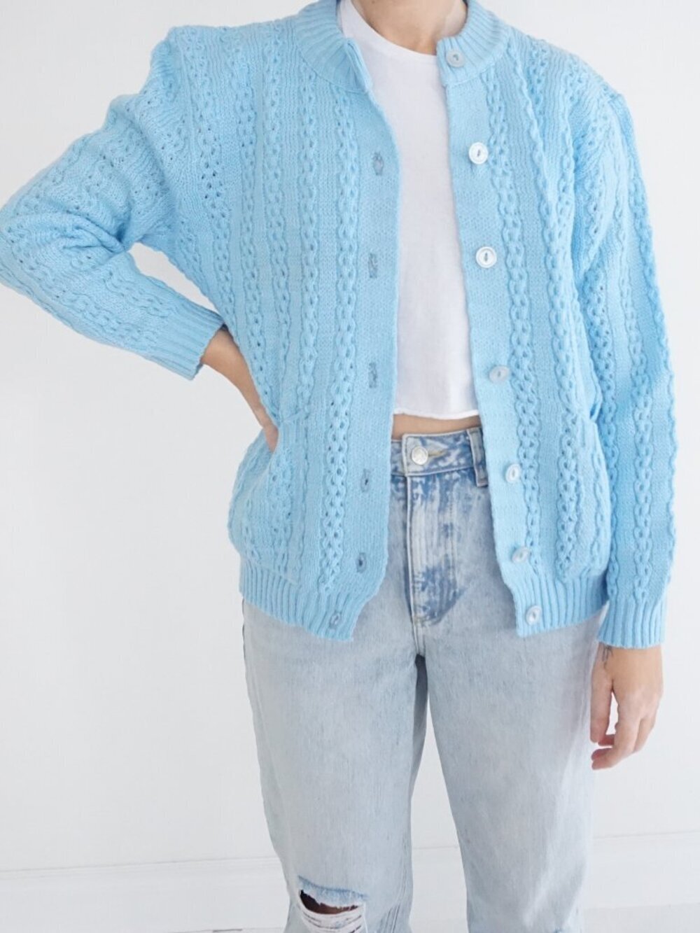 Vintage Cheryl Creations Light Blue Cable Knit Button Cardigan Cottagecore M